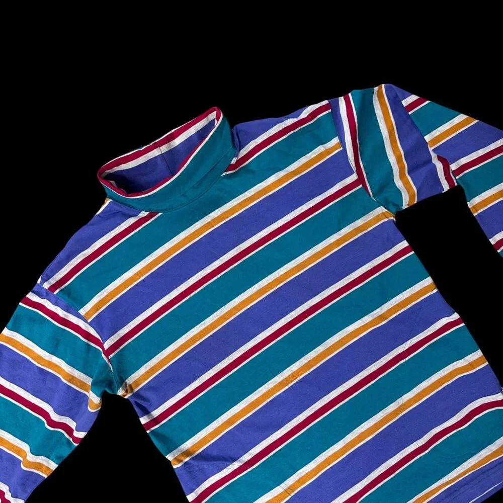 Vintage Striped Turtleneck Long Sleeve Shirt Pockets Medium French Navy USA 90s - Picture 1 of 13